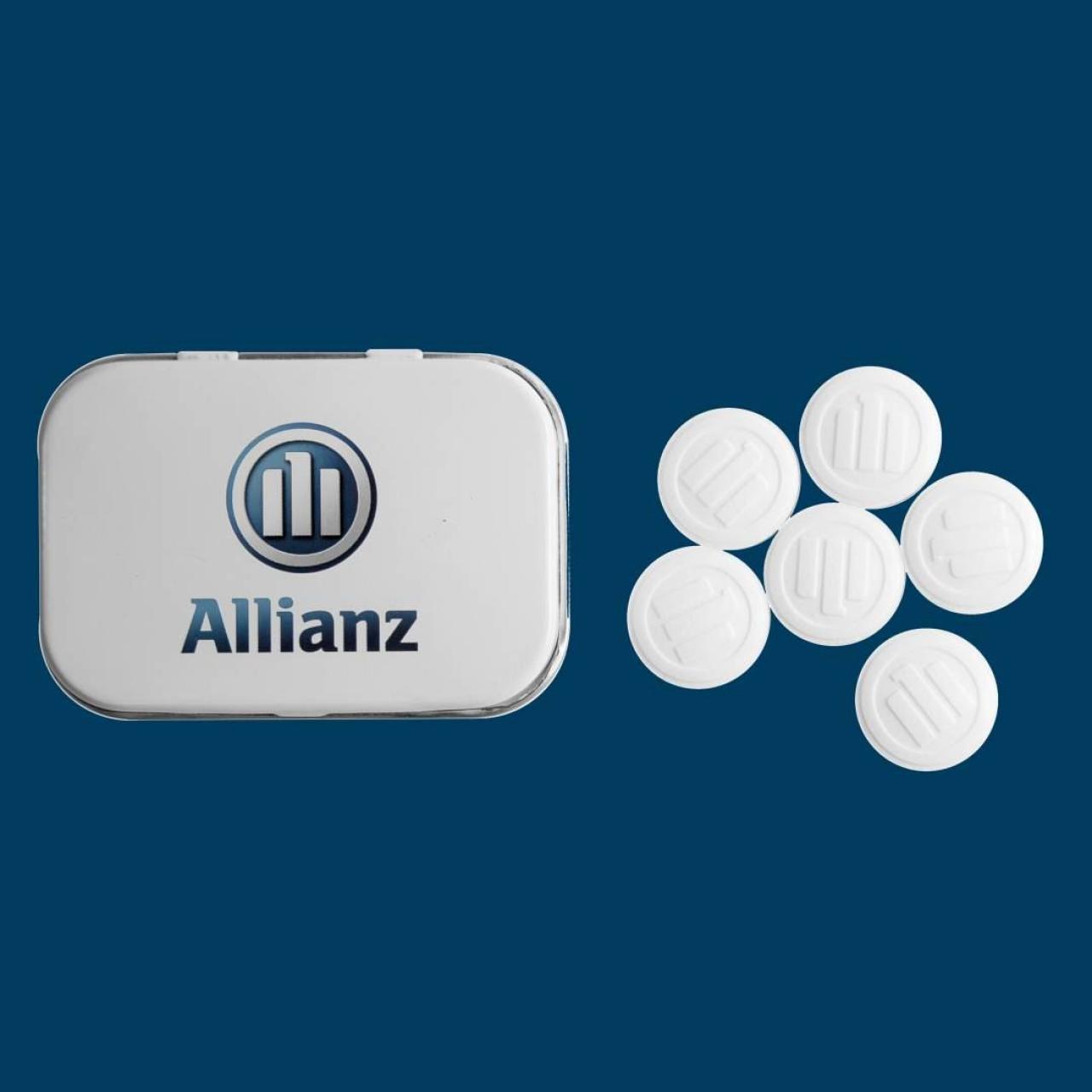 Peppermint tin printed with logo and filled with embossed mints